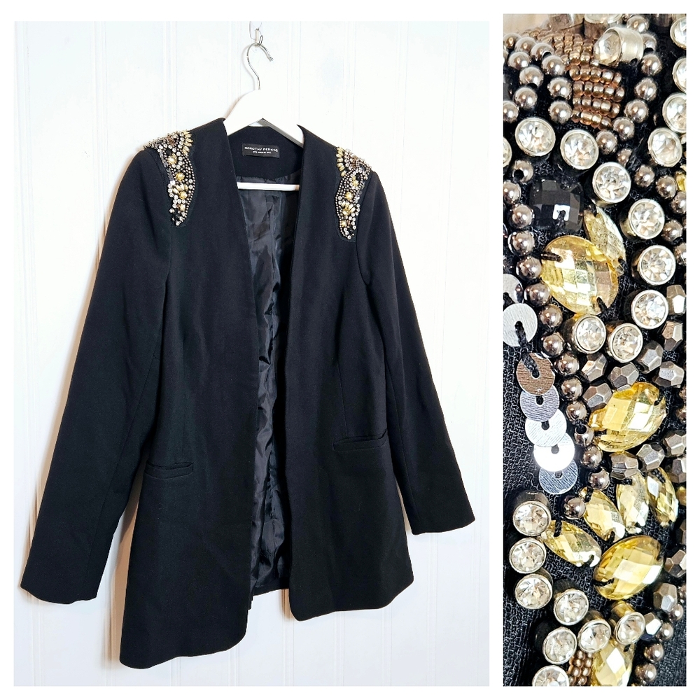 Dorothy Perkins Black Blazer Size 8 Rhinestone Sequin Shoulder Embellished Chic